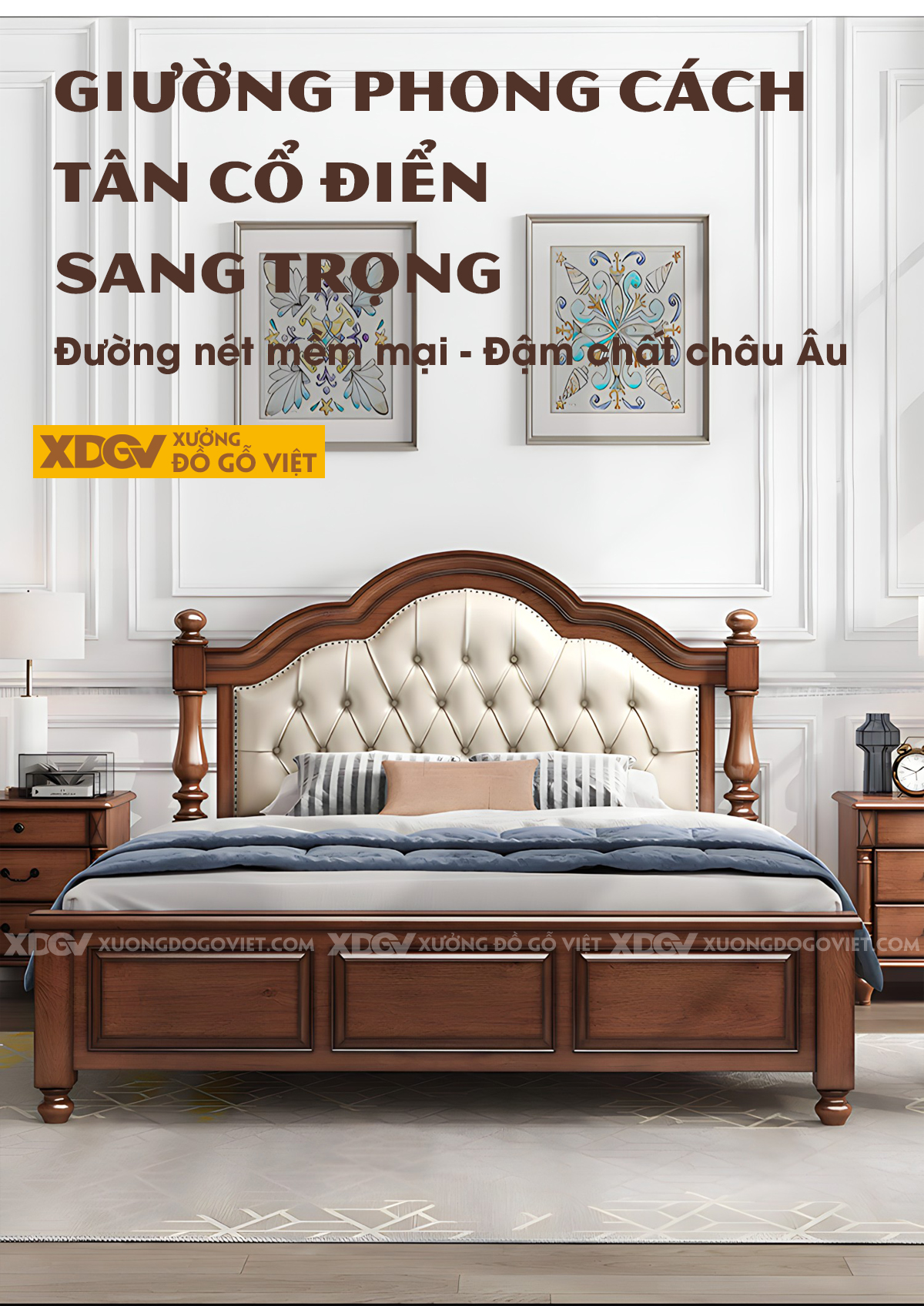 Giường Ngủ Gỗ Sồi Tân Cổ Điển Đâu Vân Mây Bọc Nệm Rút Múi