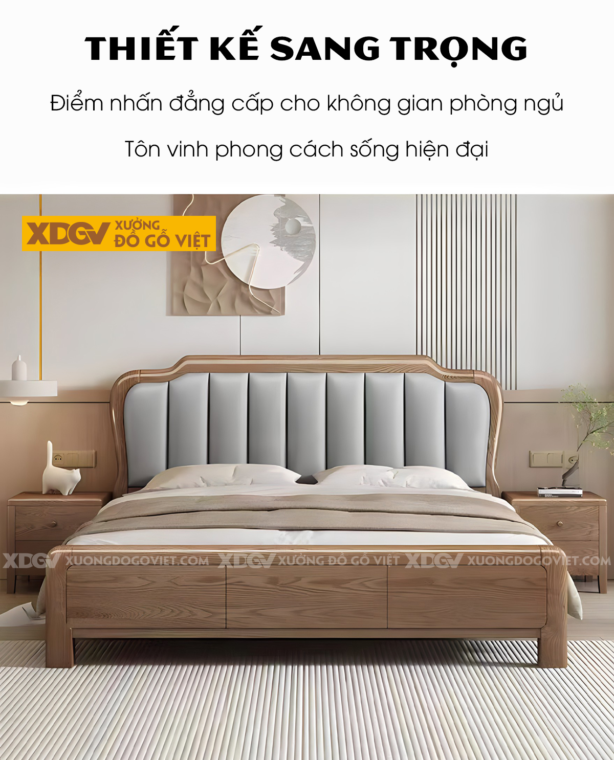 Giường Ngủ Gỗ Sồi Tân Cổ Điển Đầu Vòm Bọc Nệm Xanh Chia Múi