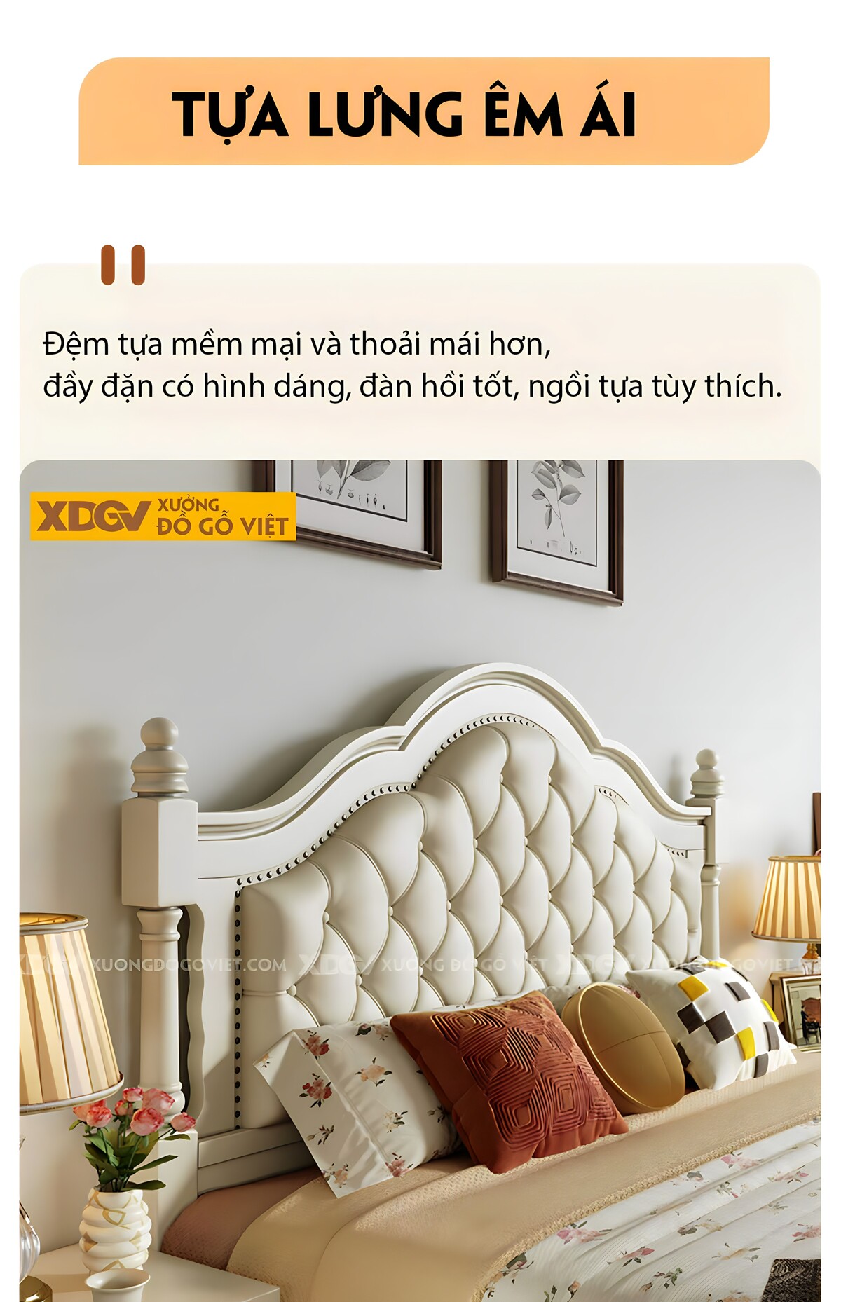 Giường Ngủ Gỗ Sồi Trắng Châu Âu Đầu Bọc Nệm Viền Đinh