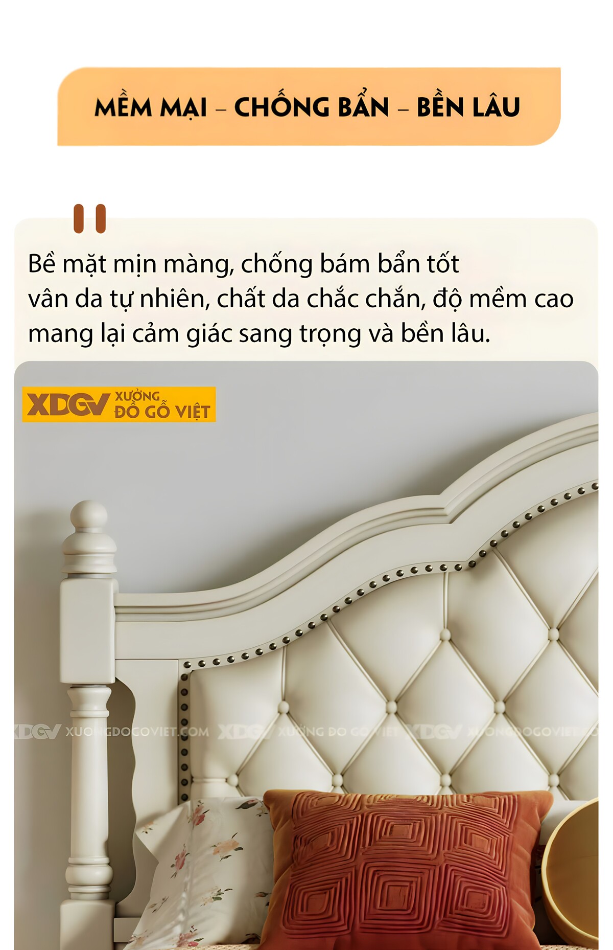 Giường Ngủ Gỗ Sồi Trắng Châu Âu Đầu Bọc Nệm Viền Đinh