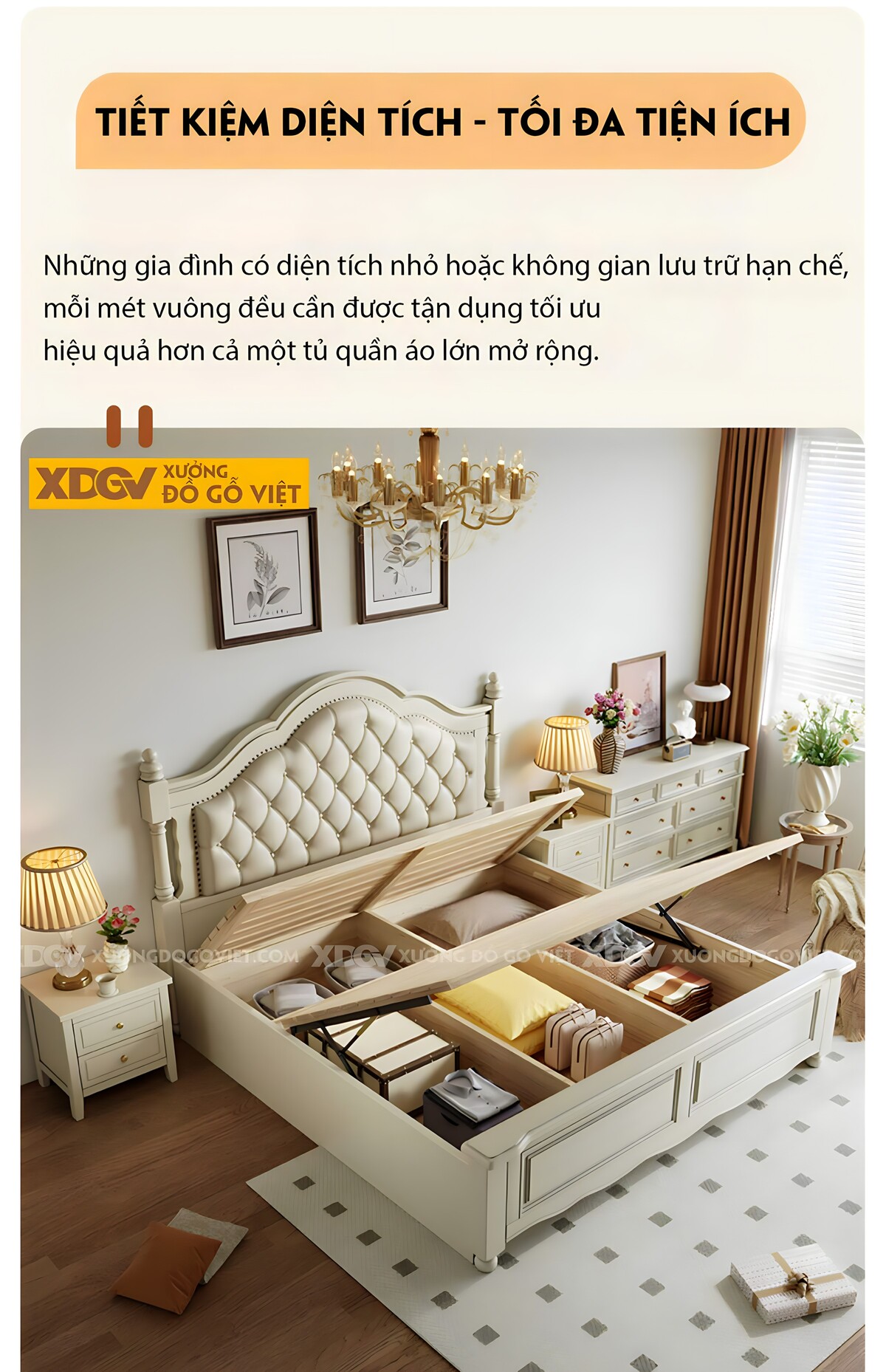 Giường Ngủ Gỗ Sồi Trắng Châu Âu Đầu Bọc Nệm Viền Đinh