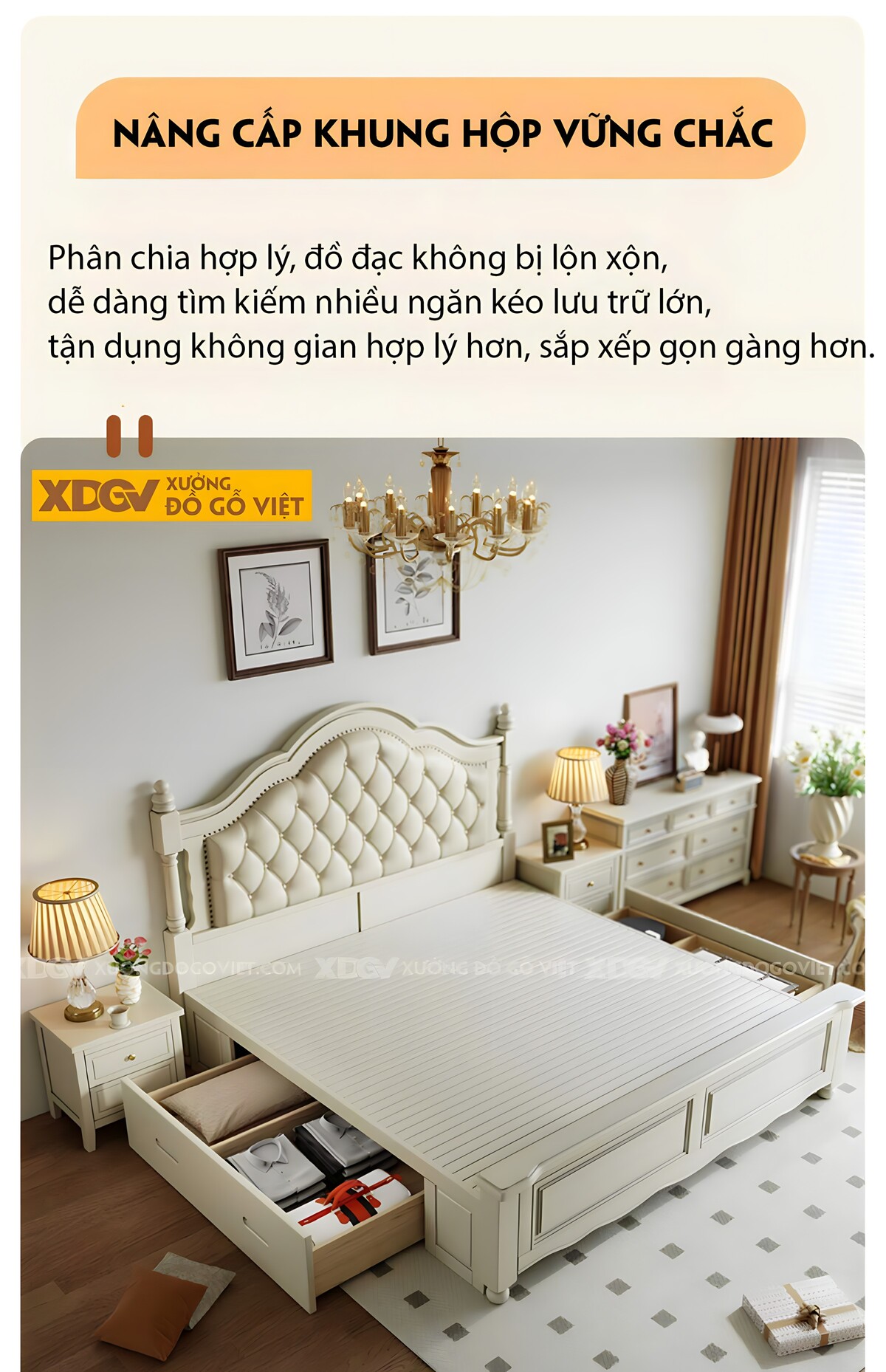 Giường Ngủ Gỗ Sồi Trắng Châu Âu Đầu Bọc Nệm Viền Đinh