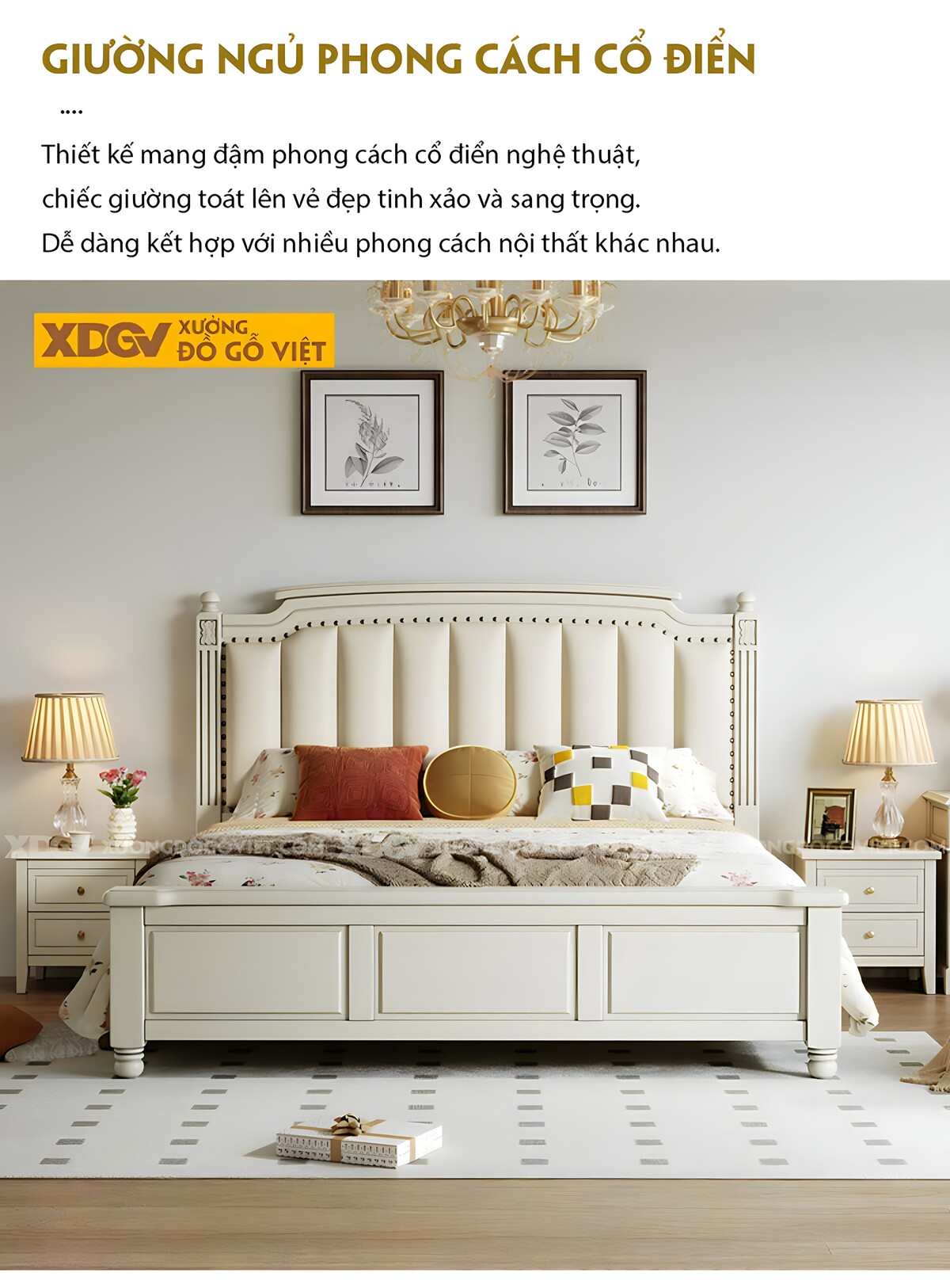 Giường Ngủ Gỗ Sồi Trắng Châu Âu Đầu Bọc Nệm Viền Đinh