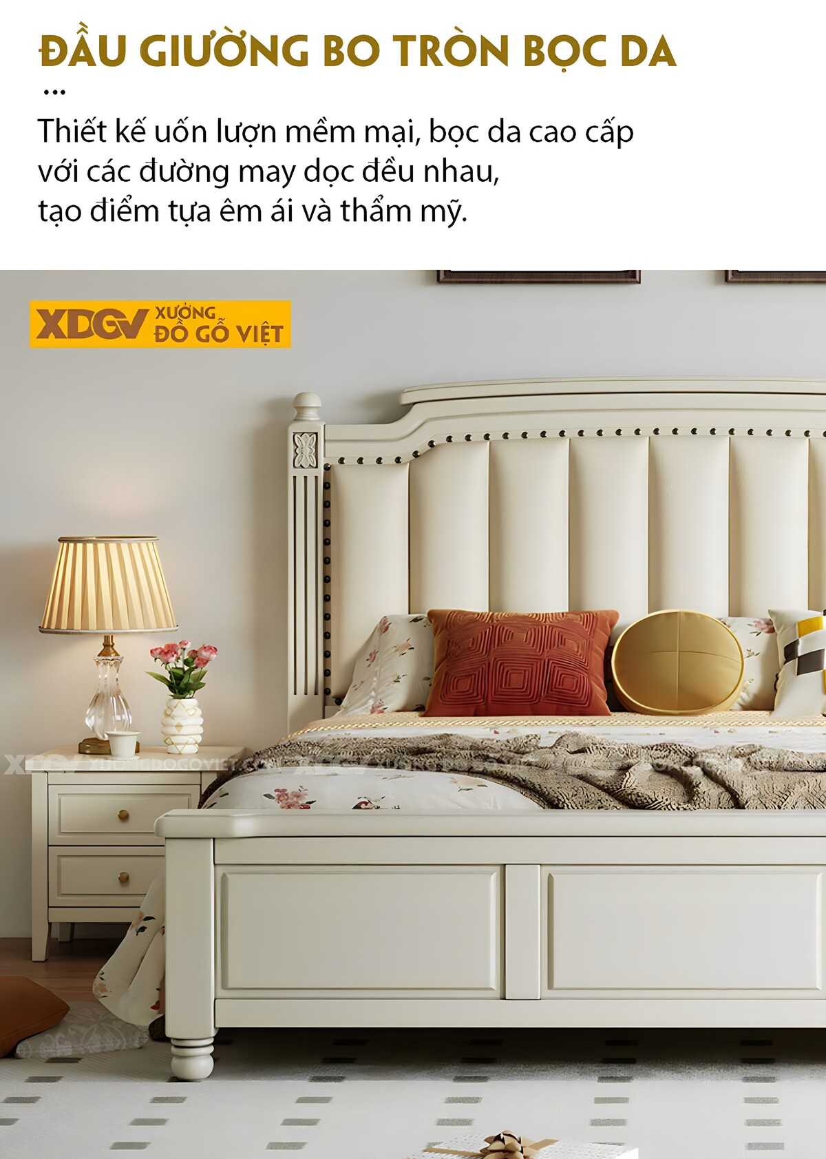 Giường Ngủ Gỗ Sồi Trắng Châu Âu Đầu Bọc Nệm Viền Đinh