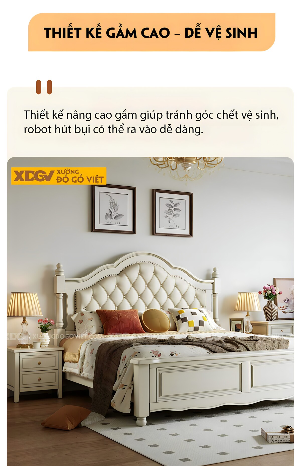 Giường Ngủ Gỗ Sồi Trắng Châu Âu Đầu Bọc Nệm Viền Đinh