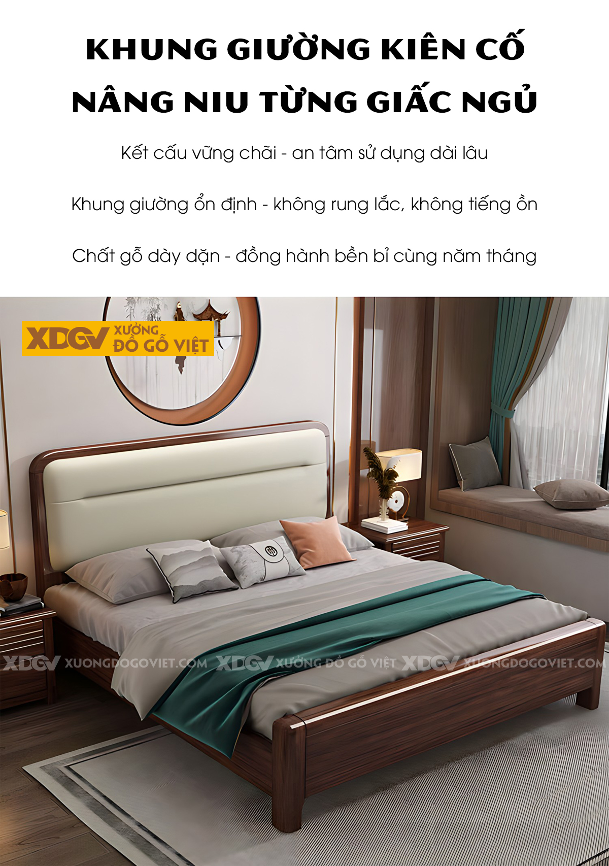 Giường Ngủ Gỗ Sồi Tự Nhiên Đầu Bo Tròn Bọc Nệm Sang Trọng