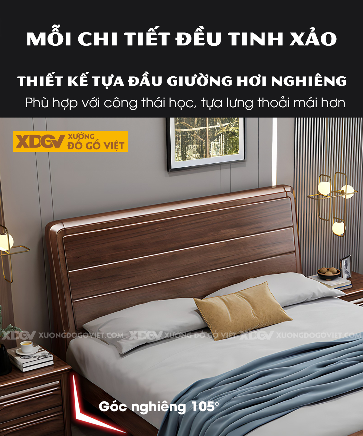 Giường Ngủ Gỗ Sồi Tự Nhiên Hiện Đại Đầu Pano Kẻ Rãnh 3 Tầng