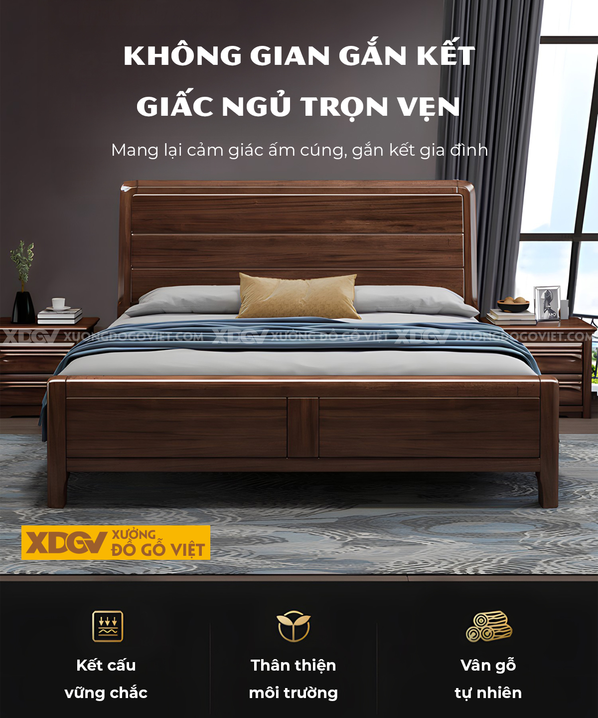 Giường Ngủ Gỗ Sồi Tự Nhiên Hiện Đại Đầu Pano Kẻ Rãnh 3 Tầng