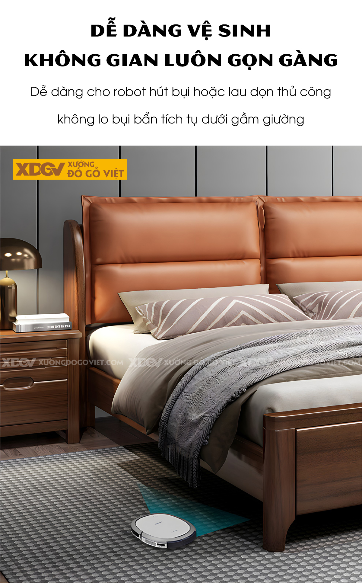 Giường Ngủ Gỗ Sồi Tự Nhiên Hiện Đại Phối Gối Tựa Đầu Giường