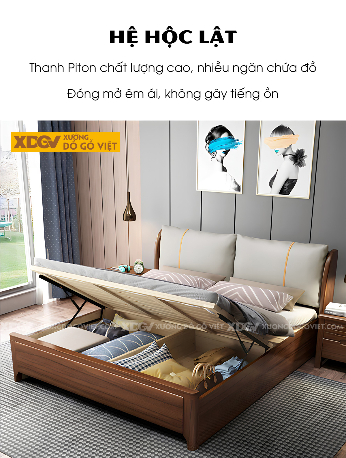 Giường Ngủ Gỗ Sồi Tự Nhiên Hiện Đại Phối Gối Tựa Đầu Giường