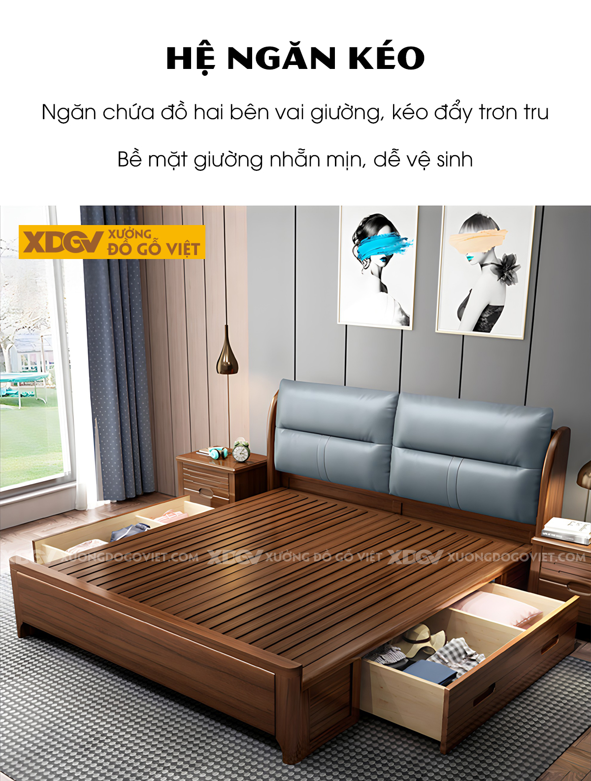 Giường Ngủ Gỗ Sồi Tự Nhiên Hiện Đại Phối Gối Tựa Đầu Giường