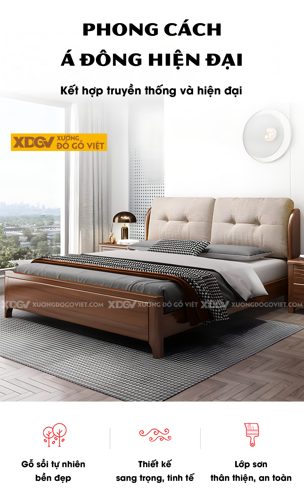 Giường Ngủ Gỗ Sồi Tự Nhiên Hiện Đại Phối Gối Tựa Đầu Giường