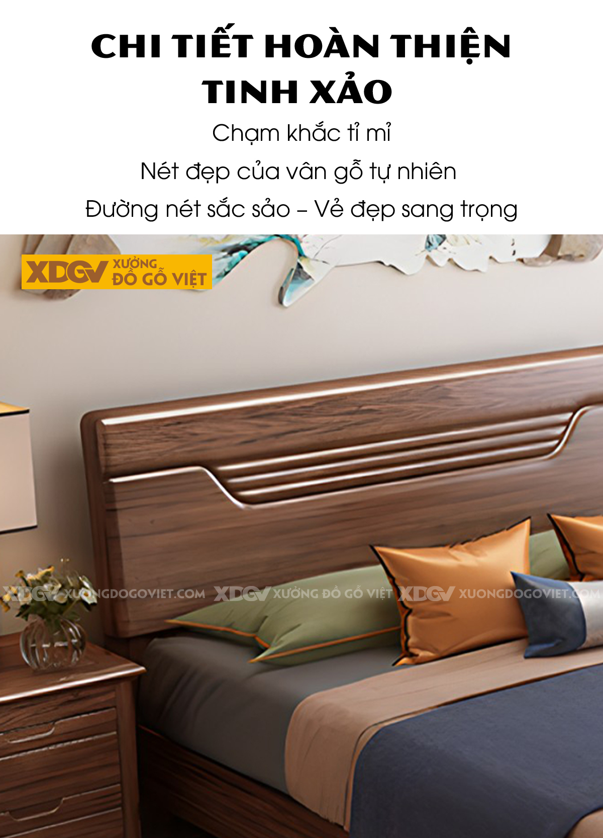 Giường Ngủ Gỗ Sồi Tự Nhiên Kẻ Rãnh Họa Tiết Nghệ Thuật