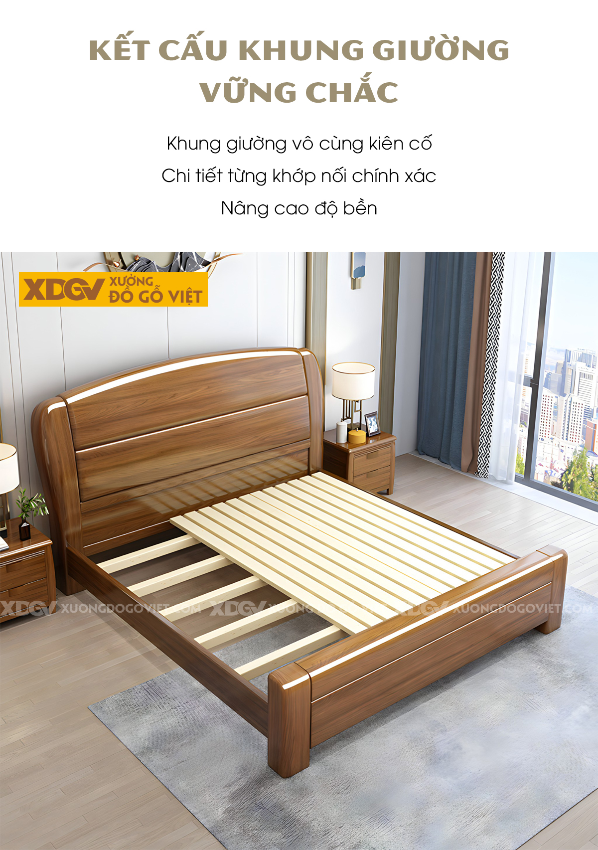 Giường Ngủ Gỗ Sồi Vững Chãi Kết Cấu Trụ Ghép Liền Mạch