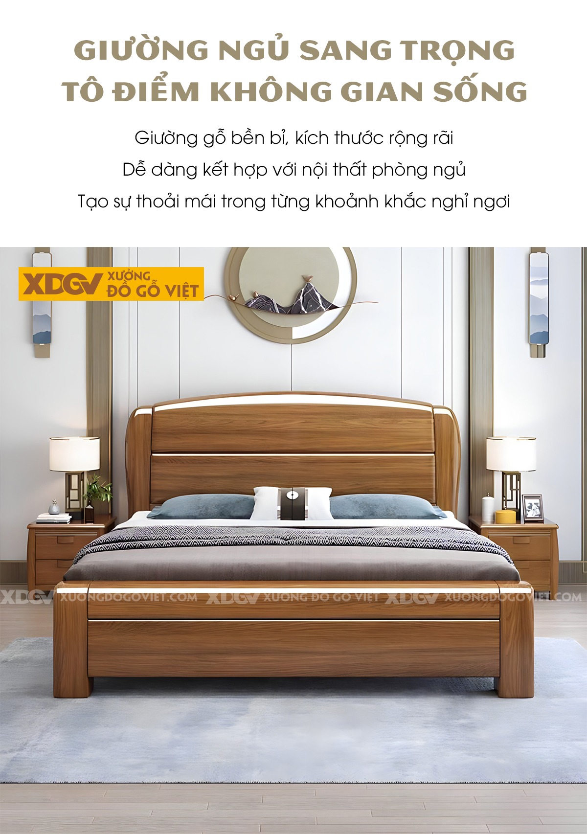 Giường Ngủ Gỗ Sồi Vững Chãi Kết Cấu Trụ Ghép Liền Mạch