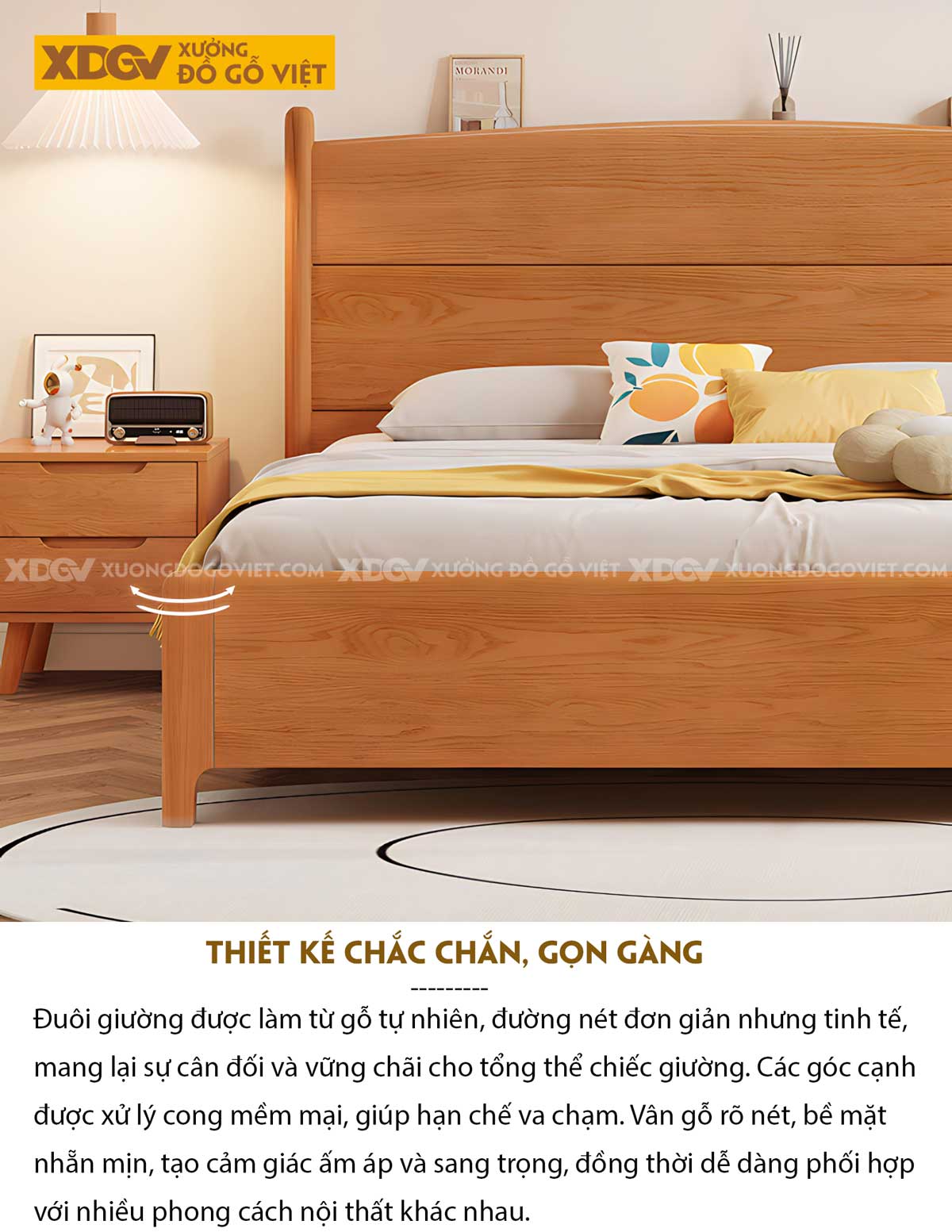 Giường Ngủ Gỗ Veneer Gõ Đỏ Chân Trụ Đầu Ghép Tấm Có Kệ Sau