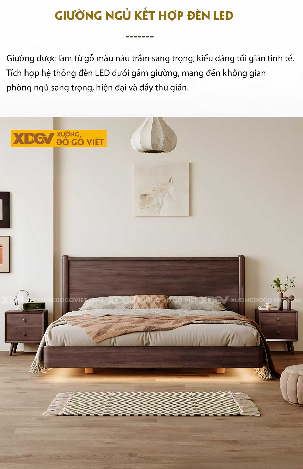 Giường Ngủ Gỗ Veneer Óc Chó Chân Trụ Tròn Khuất Lùi Độc Đáo