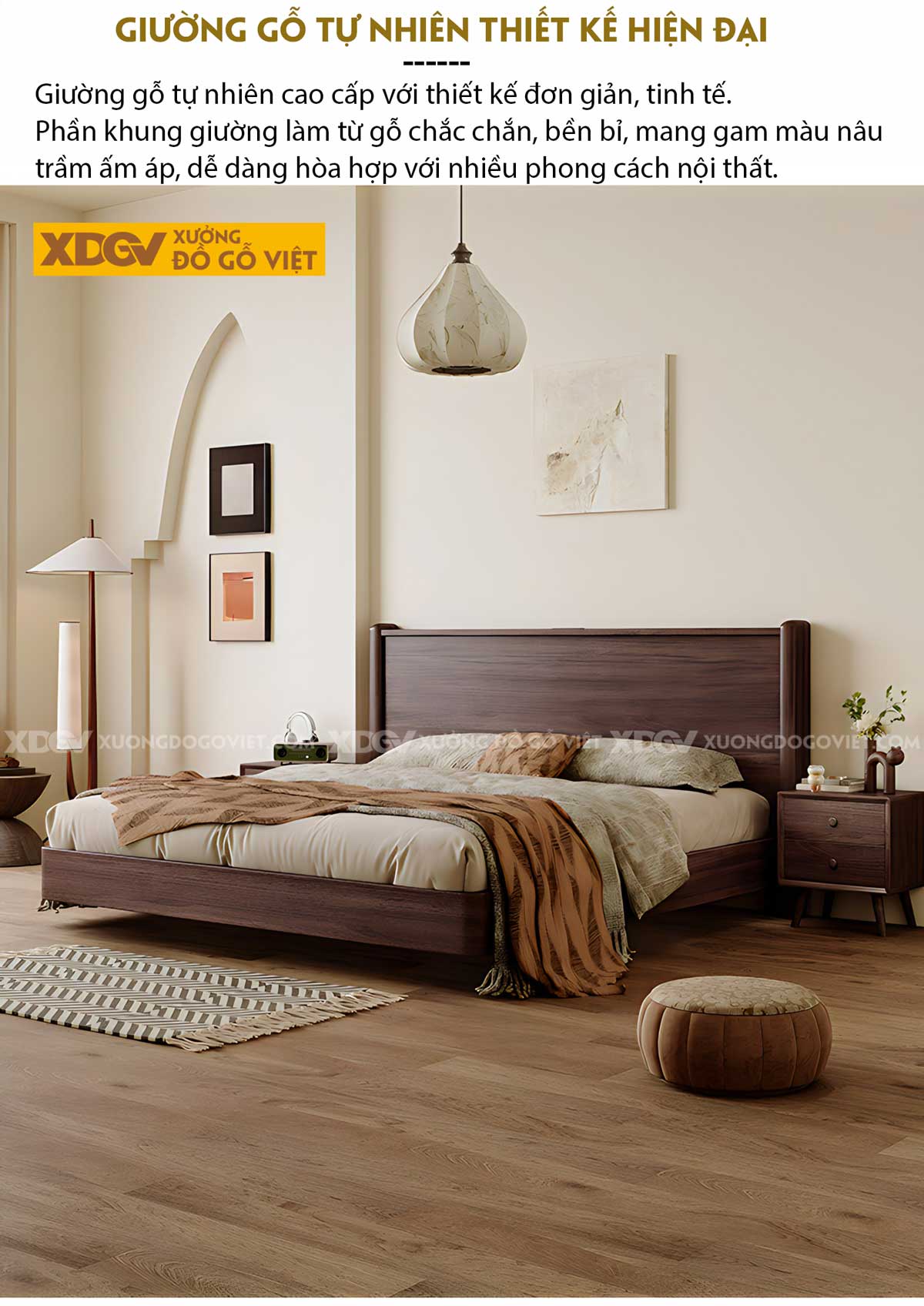 Giường Ngủ Gỗ Veneer Óc Chó Chân Trụ Tròn Khuất Lùi Độc Đáo