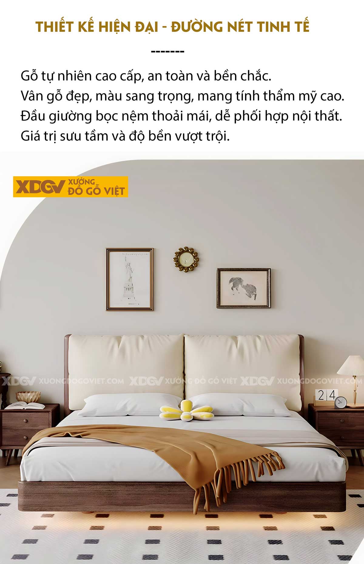 Giường Ngủ Gỗ Veneer Óc Chó Chân Trụ Tròn Khuất Lùi Độc Đáo