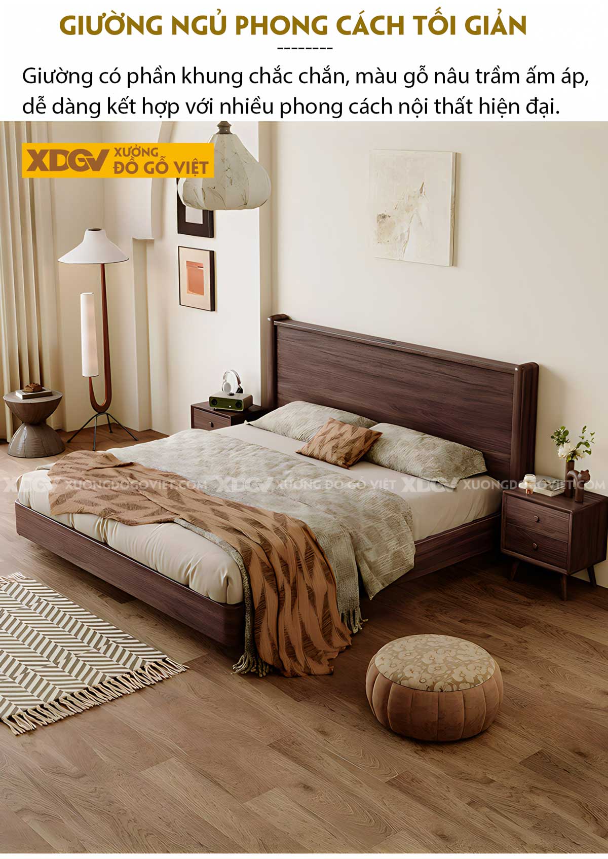 Giường Ngủ Gỗ Veneer Óc Chó Chân Trụ Tròn Khuất Lùi Độc Đáo