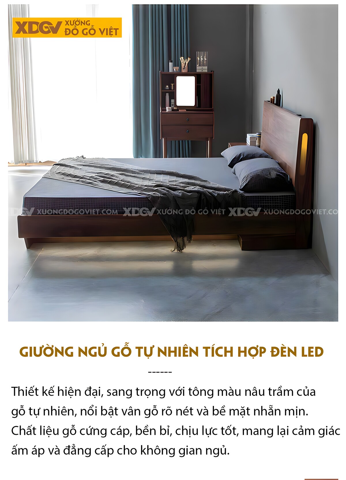Giường Ngủ Gỗ Veneer Óc Chó Chân Vát Chéo Đầu Kệ Trên Có Led