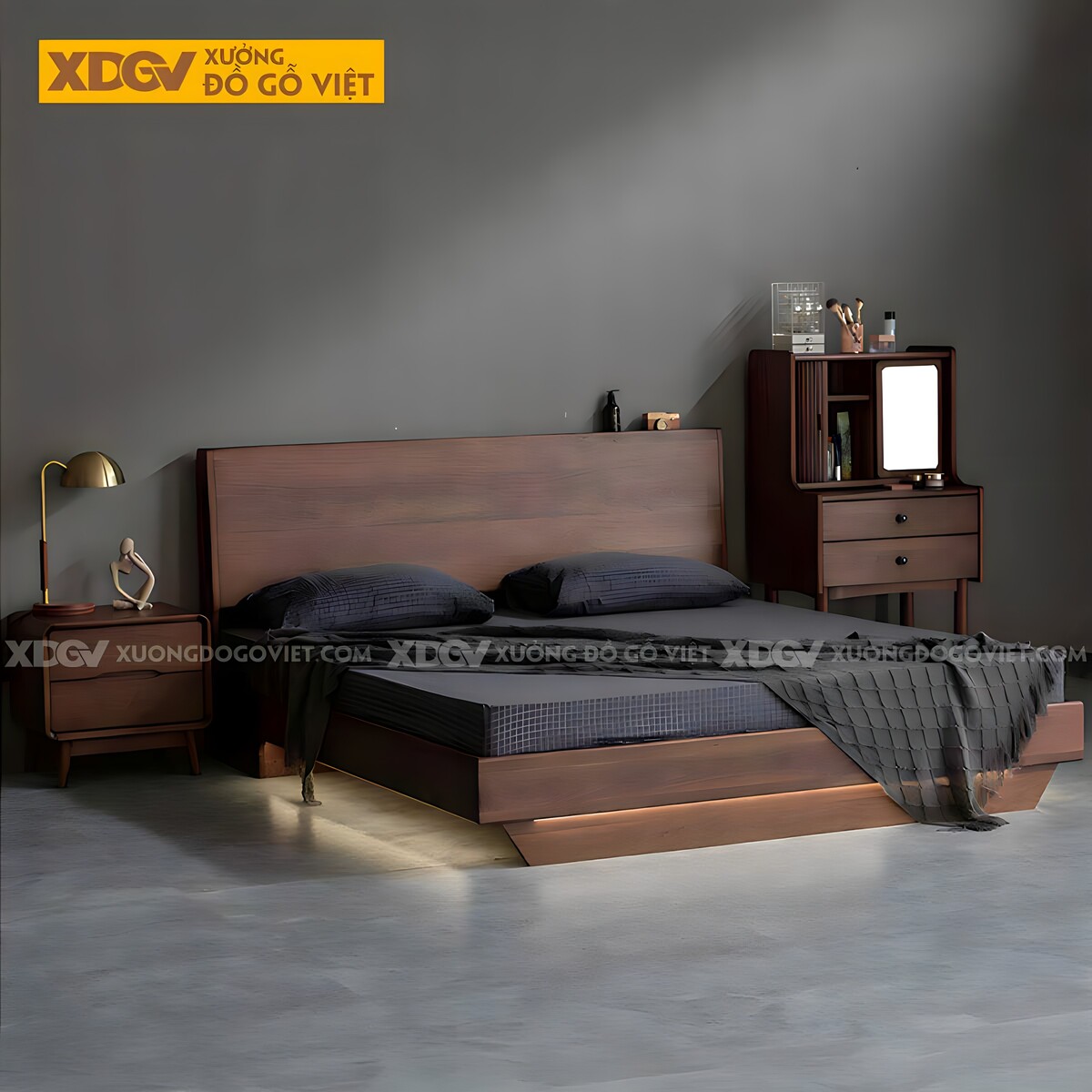 Giường Ngủ Gỗ Veneer Óc Chó Chân Vát Chéo Đầu Kệ Trên Có Led