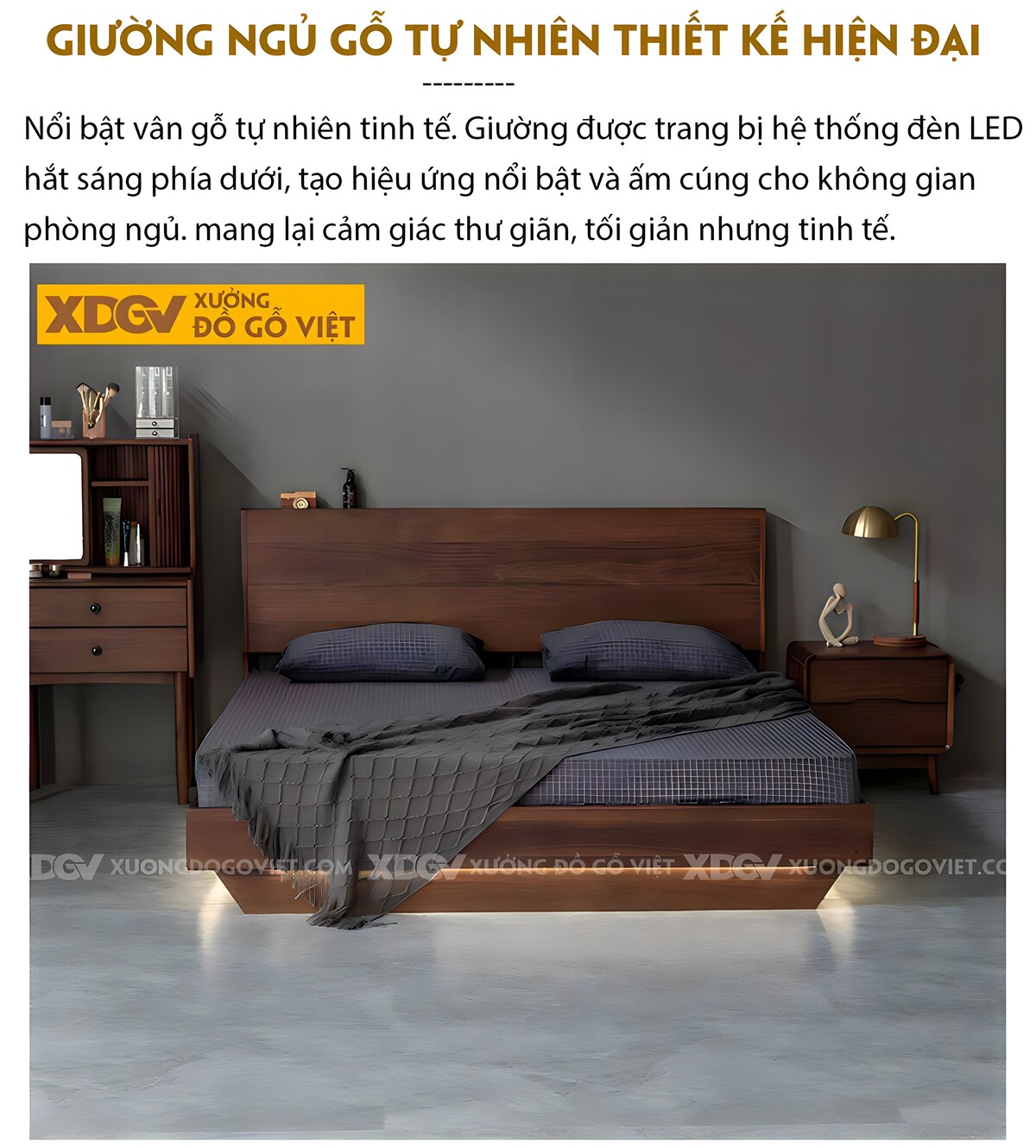 Giường Ngủ Gỗ Veneer Óc Chó Chân Vát Chéo Đầu Kệ Trên Có Led