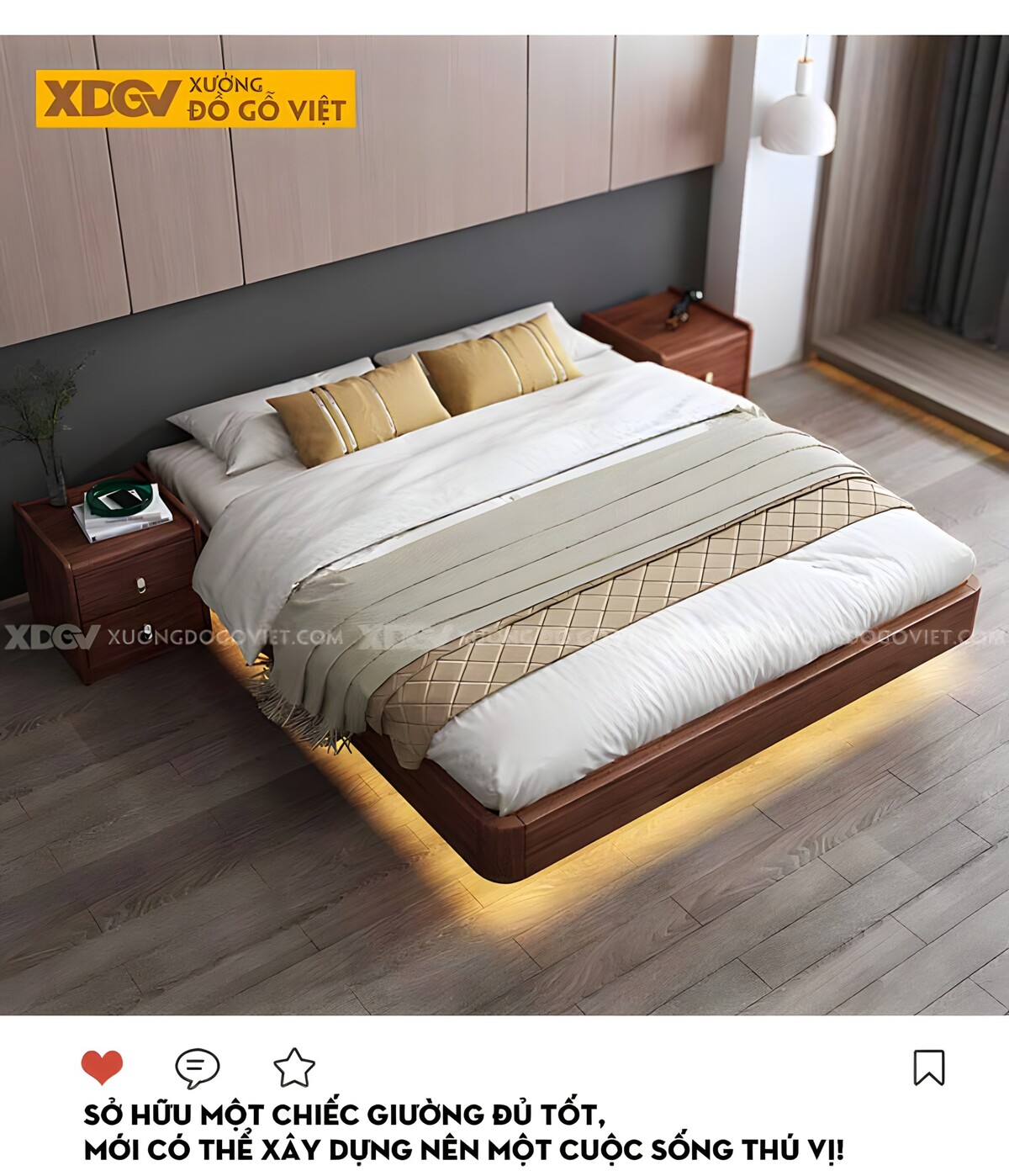 Giường Ngủ Gỗ Veneer Óc Chó Dạng Bục Giấu Chân Gầm Led