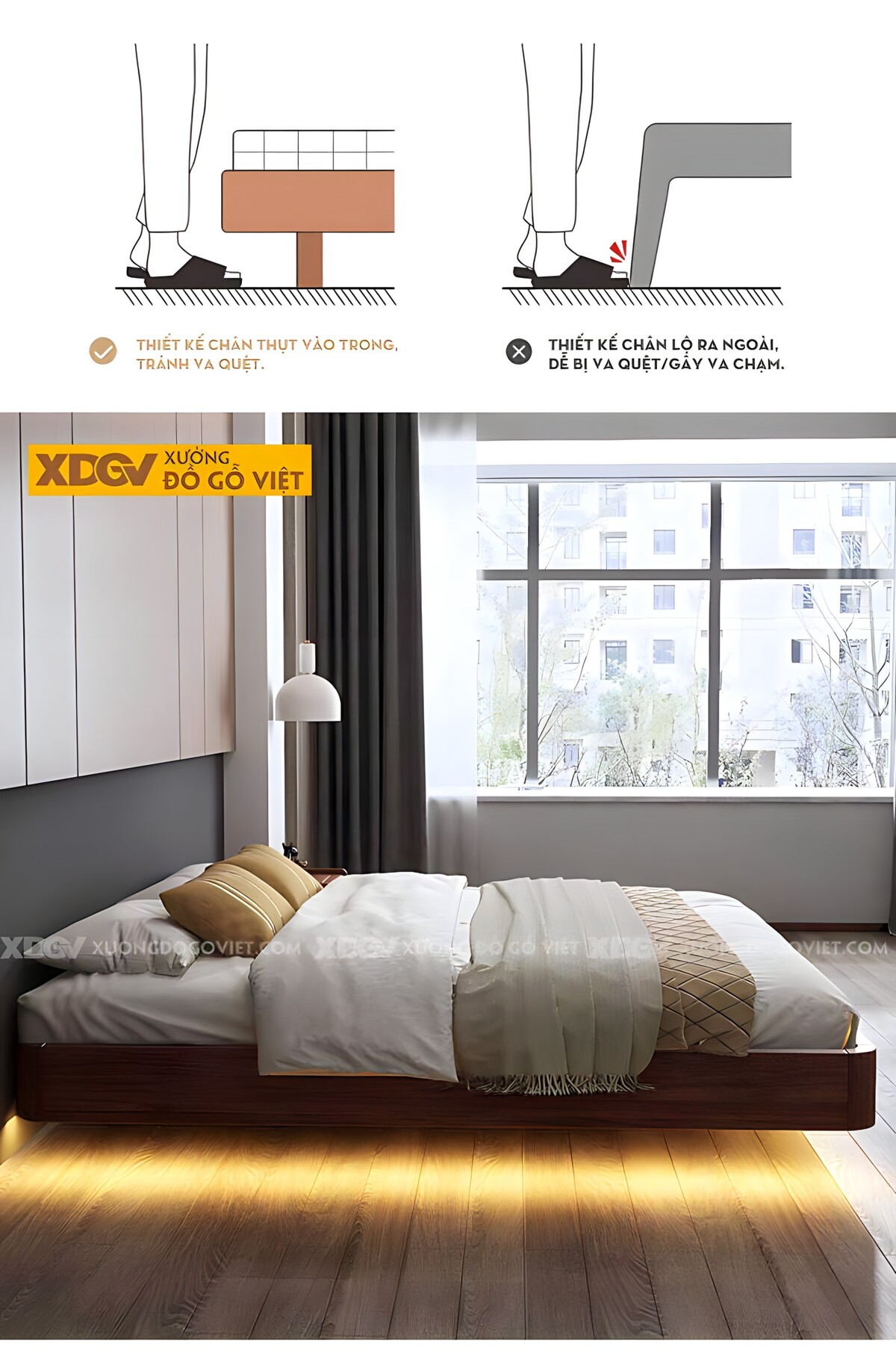 Giường Ngủ Gỗ Veneer Óc Chó Dạng Bục Giấu Chân Gầm Led