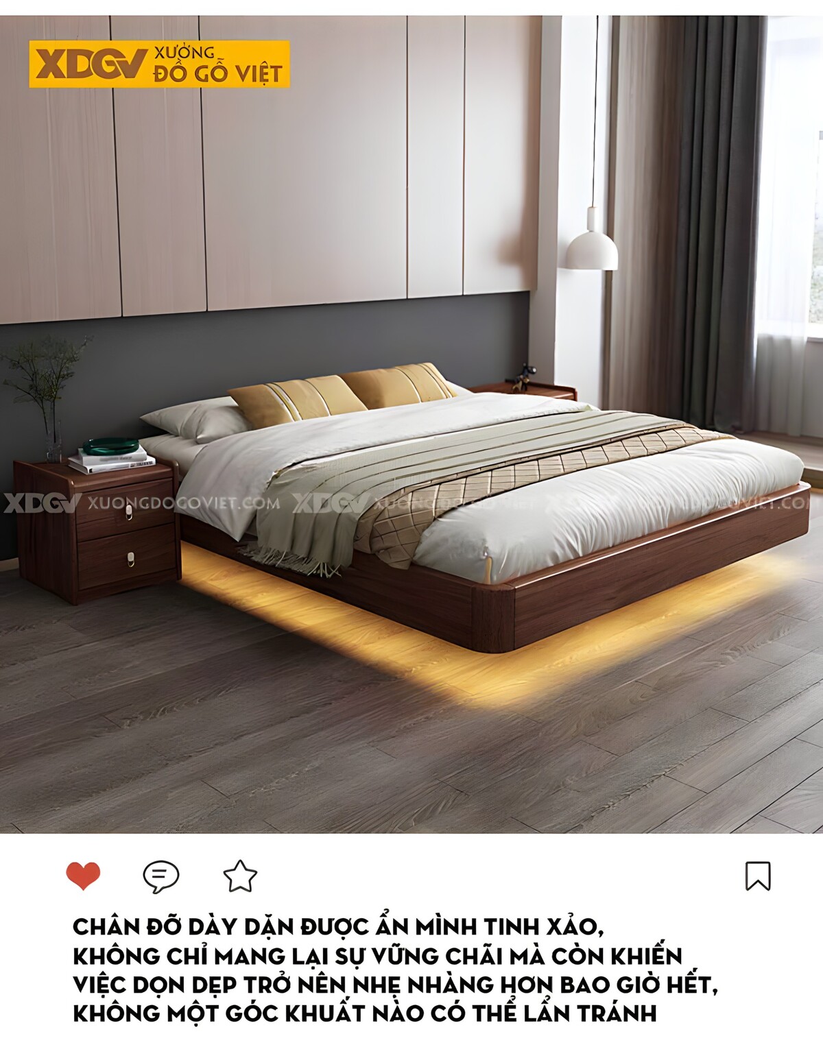 Giường Ngủ Gỗ Veneer Óc Chó Dạng Bục Giấu Chân Gầm Led