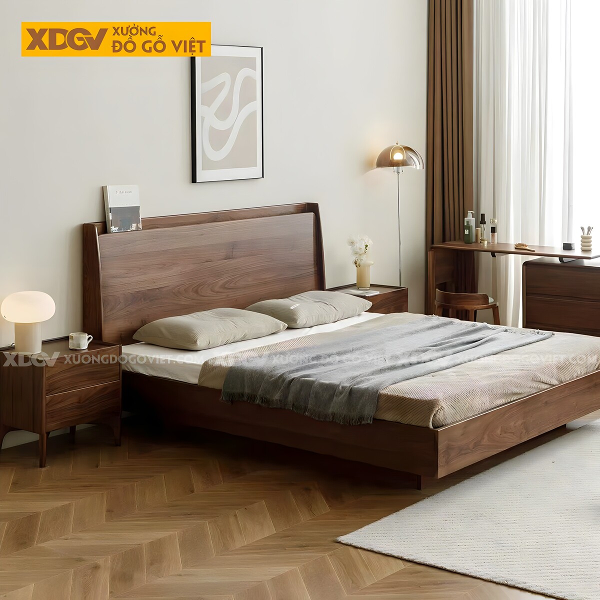 Giường Ngủ Gỗ Veneer Óc Chó Dạng Hộp Giấu Chân Có Kệ Trên