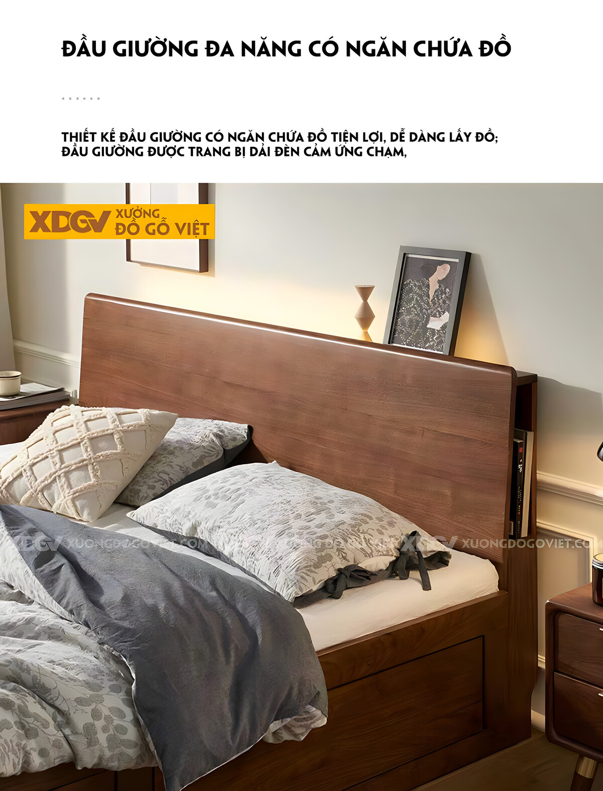 Giường Ngủ Gỗ Veneer Óc Chó Japandi Kệ Sau Đầu Giường