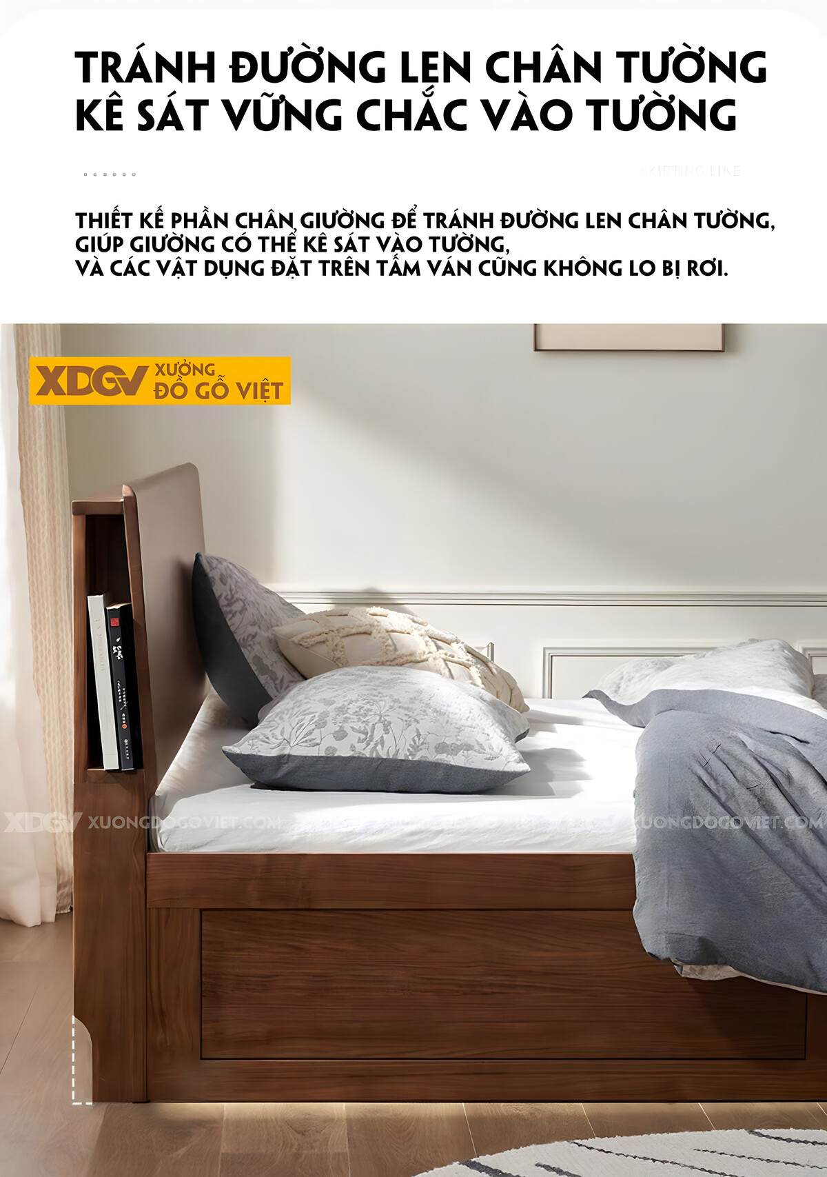 Giường Ngủ Gỗ Veneer Óc Chó Japandi Kệ Sau Đầu Giường