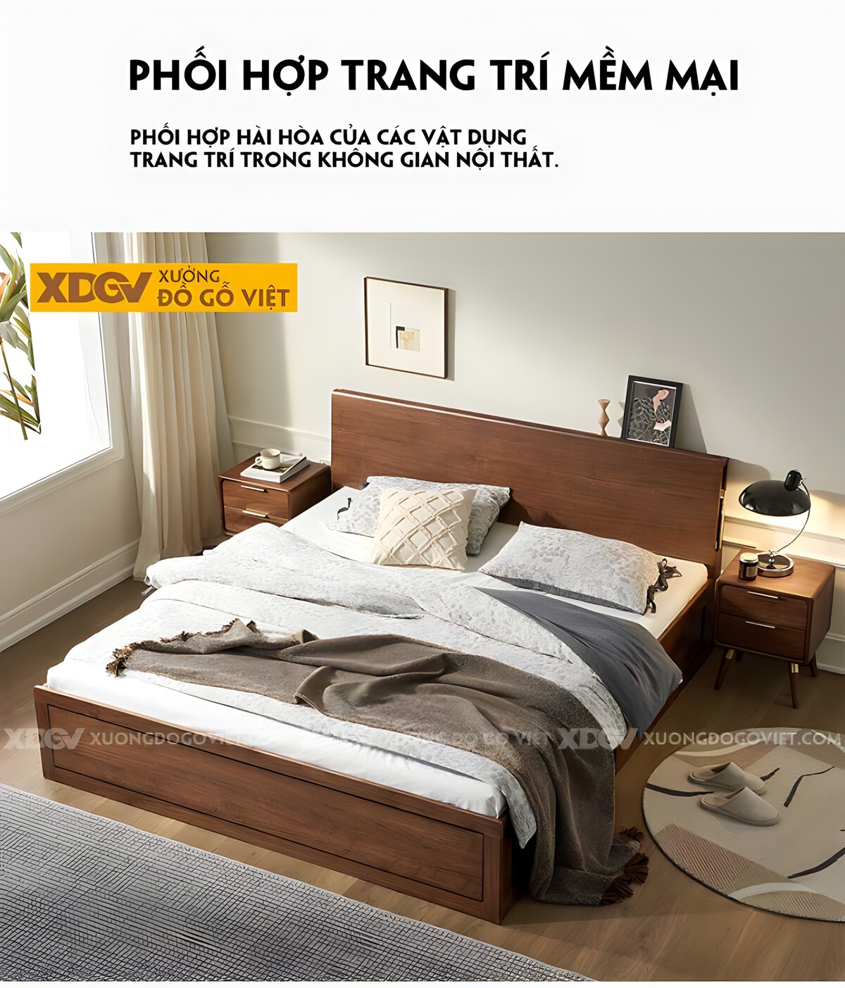 Giường Ngủ Gỗ Veneer Óc Chó Japandi Kệ Sau Đầu Giường