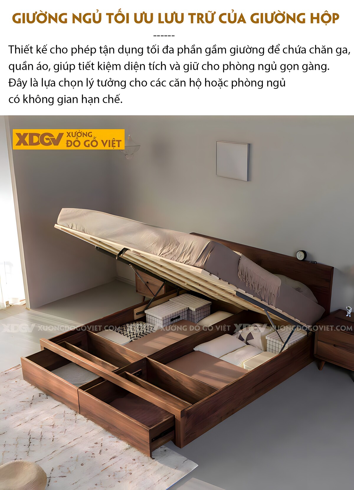 Giường Ngủ Gỗ Veneer Óc Chó Thông Minh Nhiều Ngăn Để Đồ