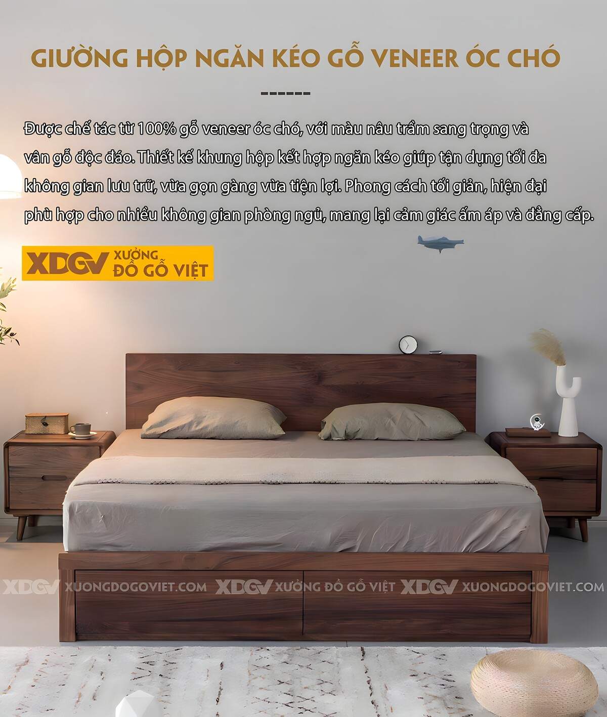 Giường Ngủ Gỗ Veneer Óc Chó Thông Minh Nhiều Ngăn Để Đồ