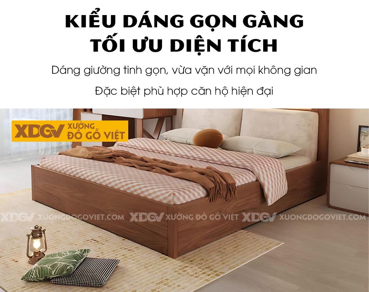 Giường Ngủ Gỗ Veneer Sồi Dạng Hộp Đầu Tựa Bọc Nệm Kệ Có Led