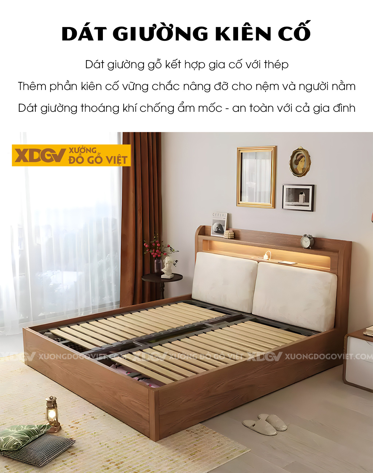 Giường Ngủ Gỗ Veneer Sồi Dạng Hộp Đầu Tựa Bọc Nệm Kệ Có Led