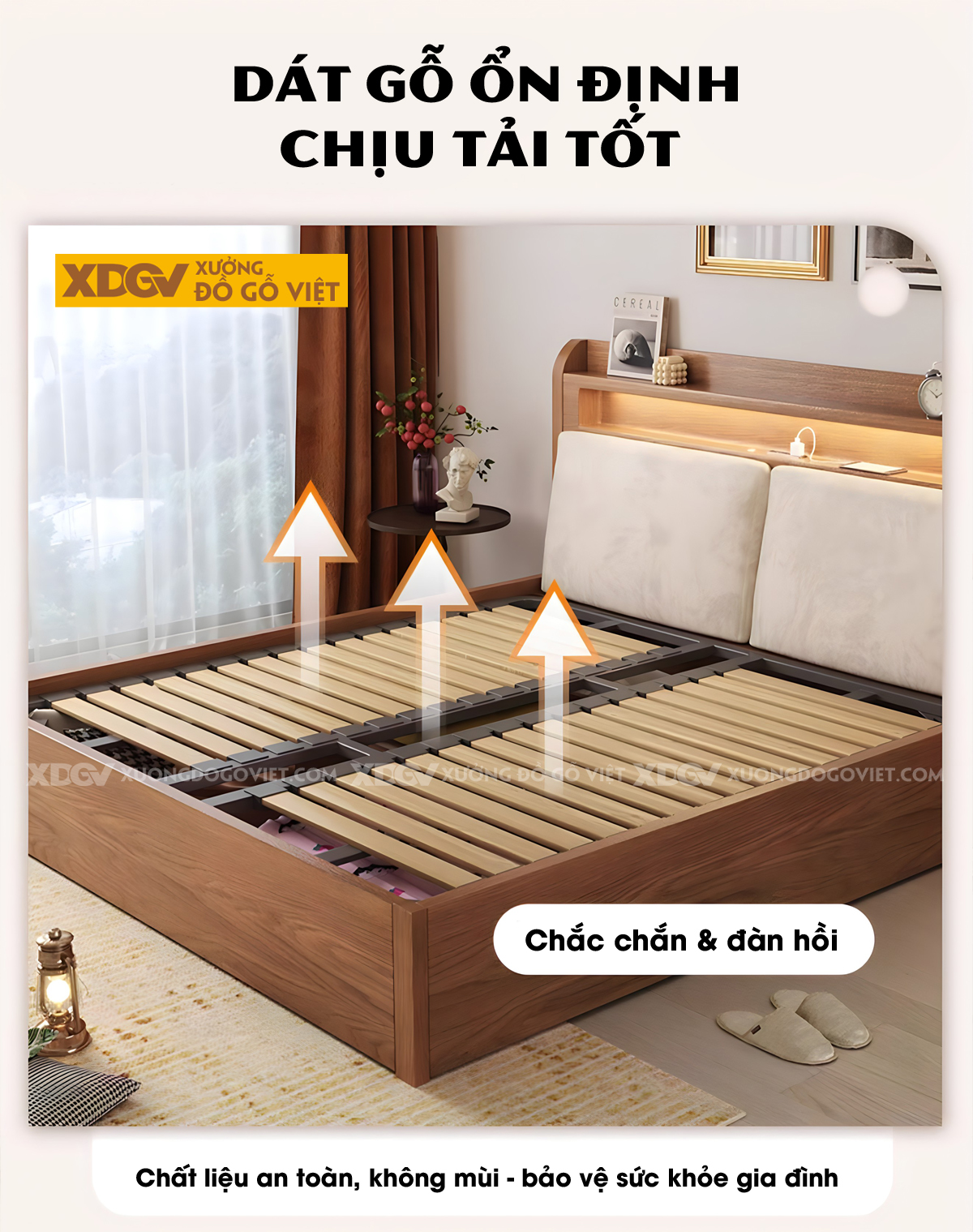 Giường Ngủ Gỗ Veneer Sồi Dạng Hộp Đầu Tựa Bọc Nệm Kệ Có Led