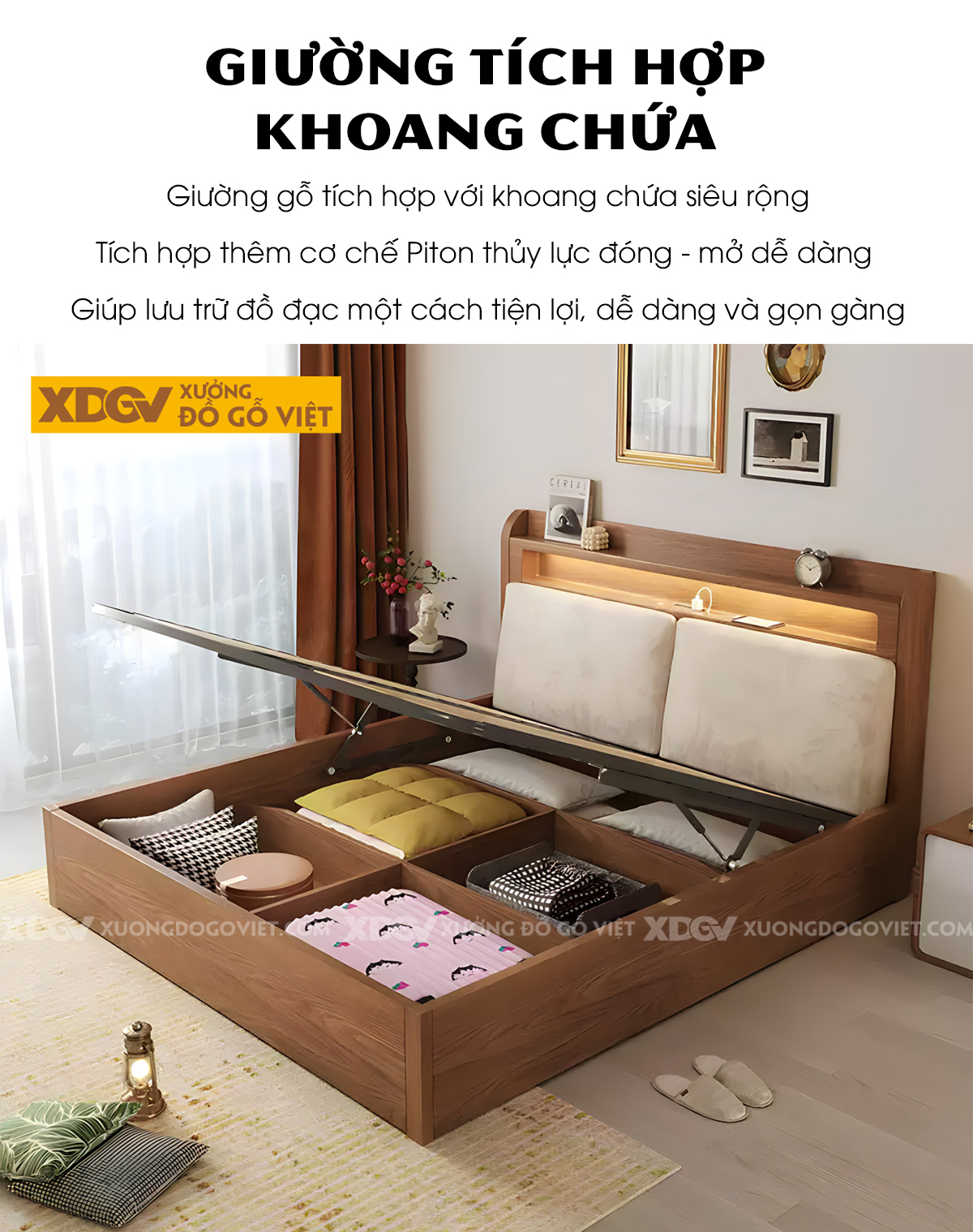 Giường Ngủ Gỗ Veneer Sồi Dạng Hộp Đầu Tựa Bọc Nệm Kệ Có Led