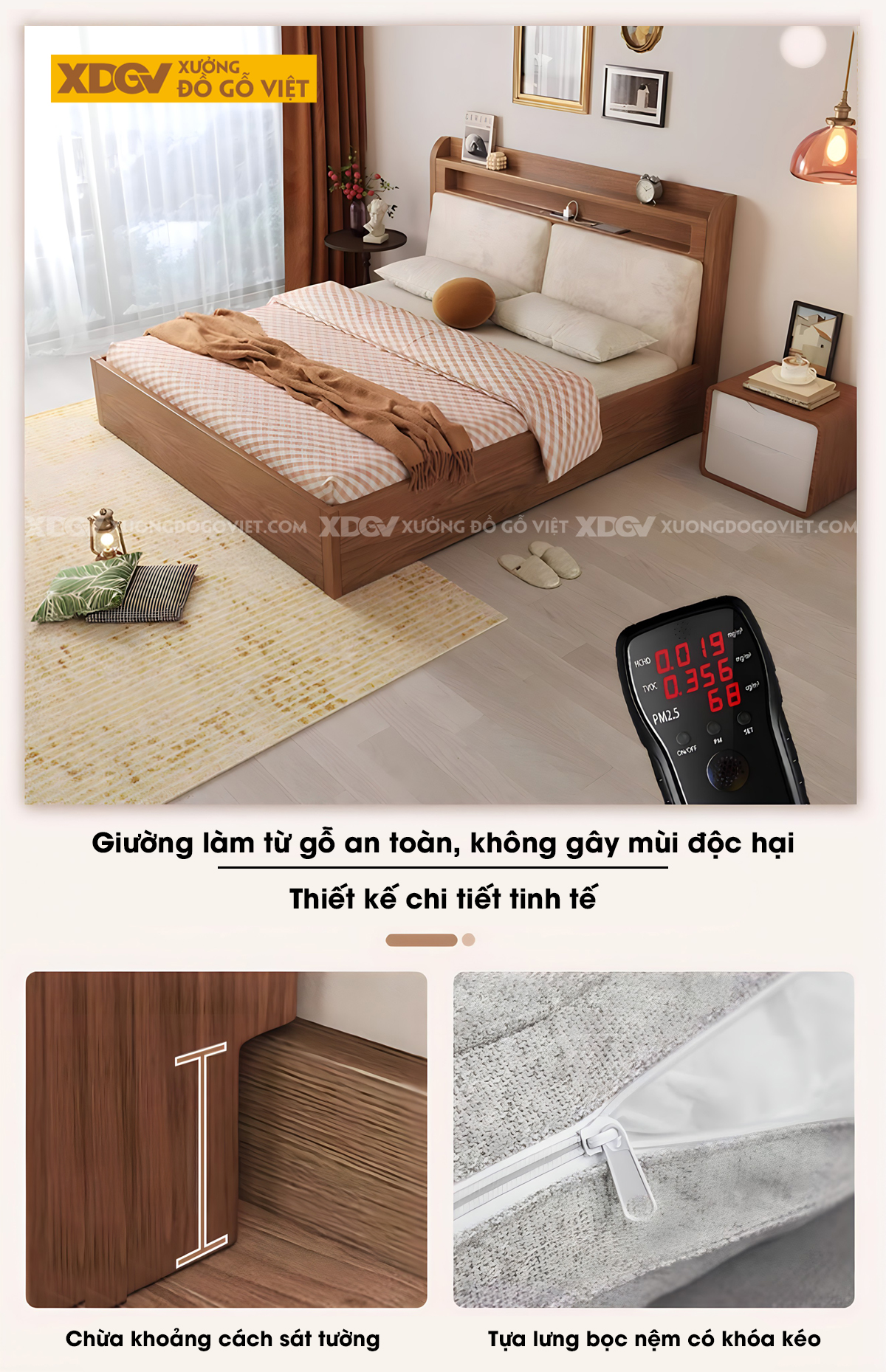 Giường Ngủ Gỗ Veneer Sồi Dạng Hộp Đầu Tựa Bọc Nệm Kệ Có Led