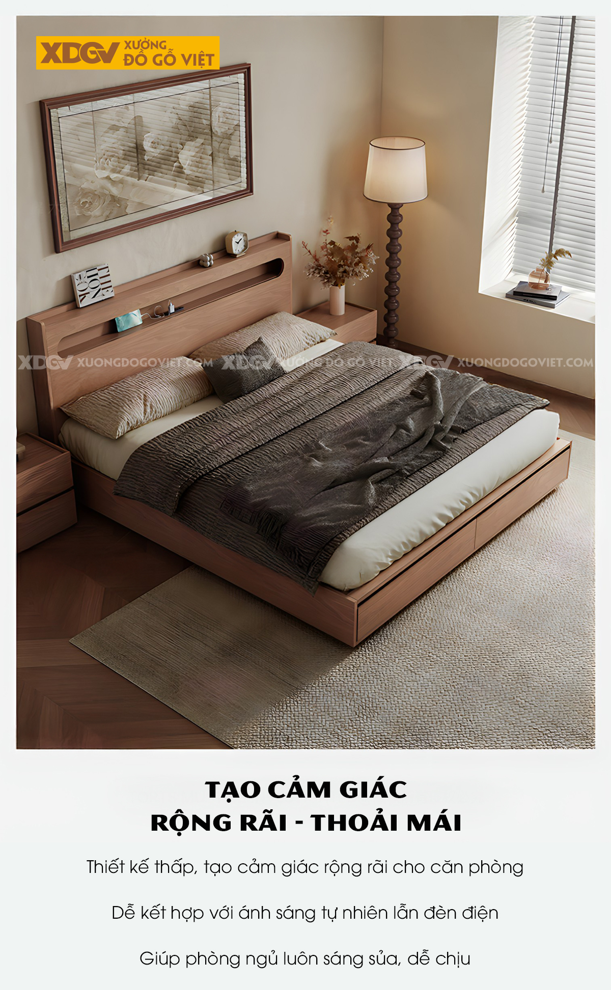 Giường Ngủ Gỗ Veneer Sồi Dạng Hộp Giấu Chân Đuôi 2 Ngăn Kéo