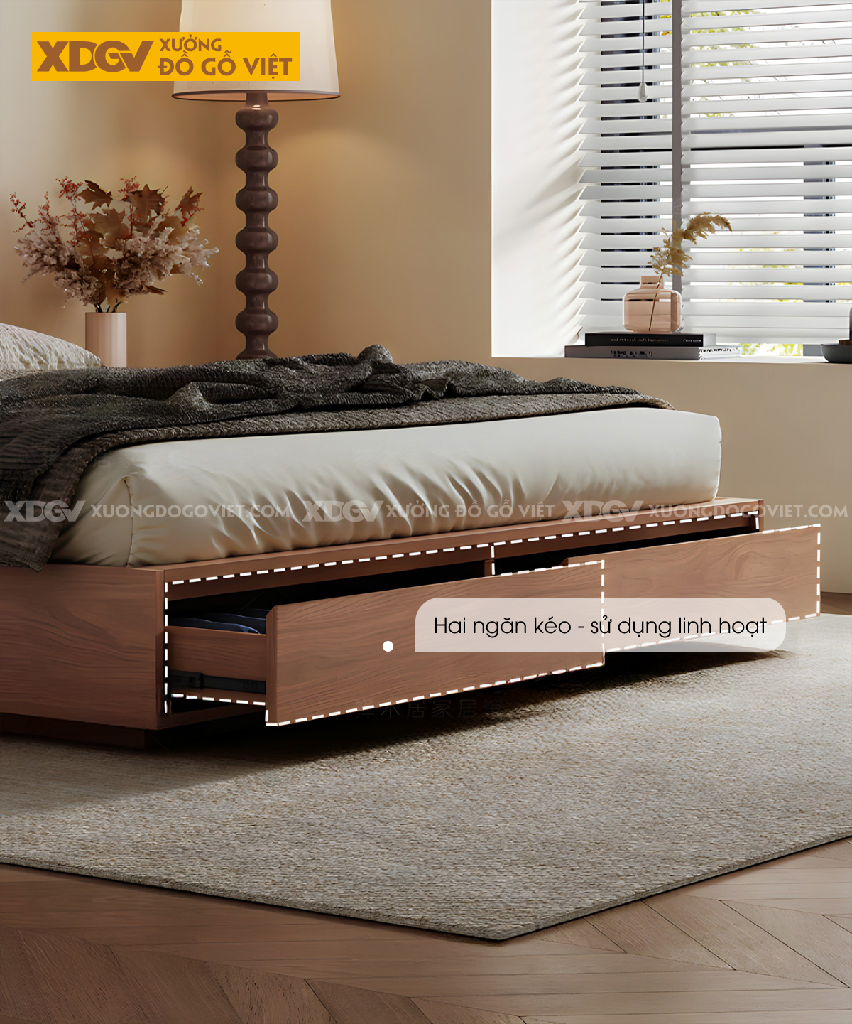 Giường Ngủ Gỗ Veneer Sồi Dạng Hộp Giấu Chân Đuôi 2 Ngăn Kéo