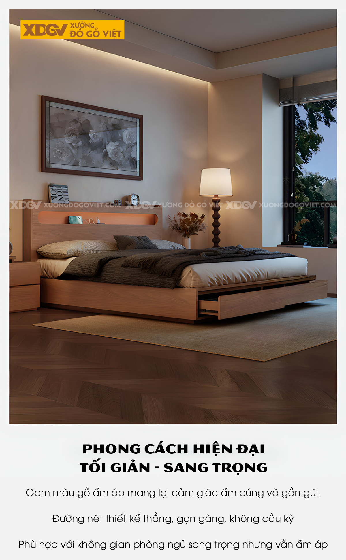 Giường Ngủ Gỗ Veneer Sồi Dạng Hộp Giấu Chân Đuôi 2 Ngăn Kéo