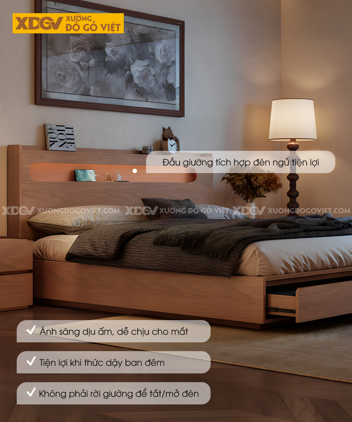 Giường Ngủ Gỗ Veneer Sồi Dạng Hộp Giấu Chân Đuôi 2 Ngăn Kéo