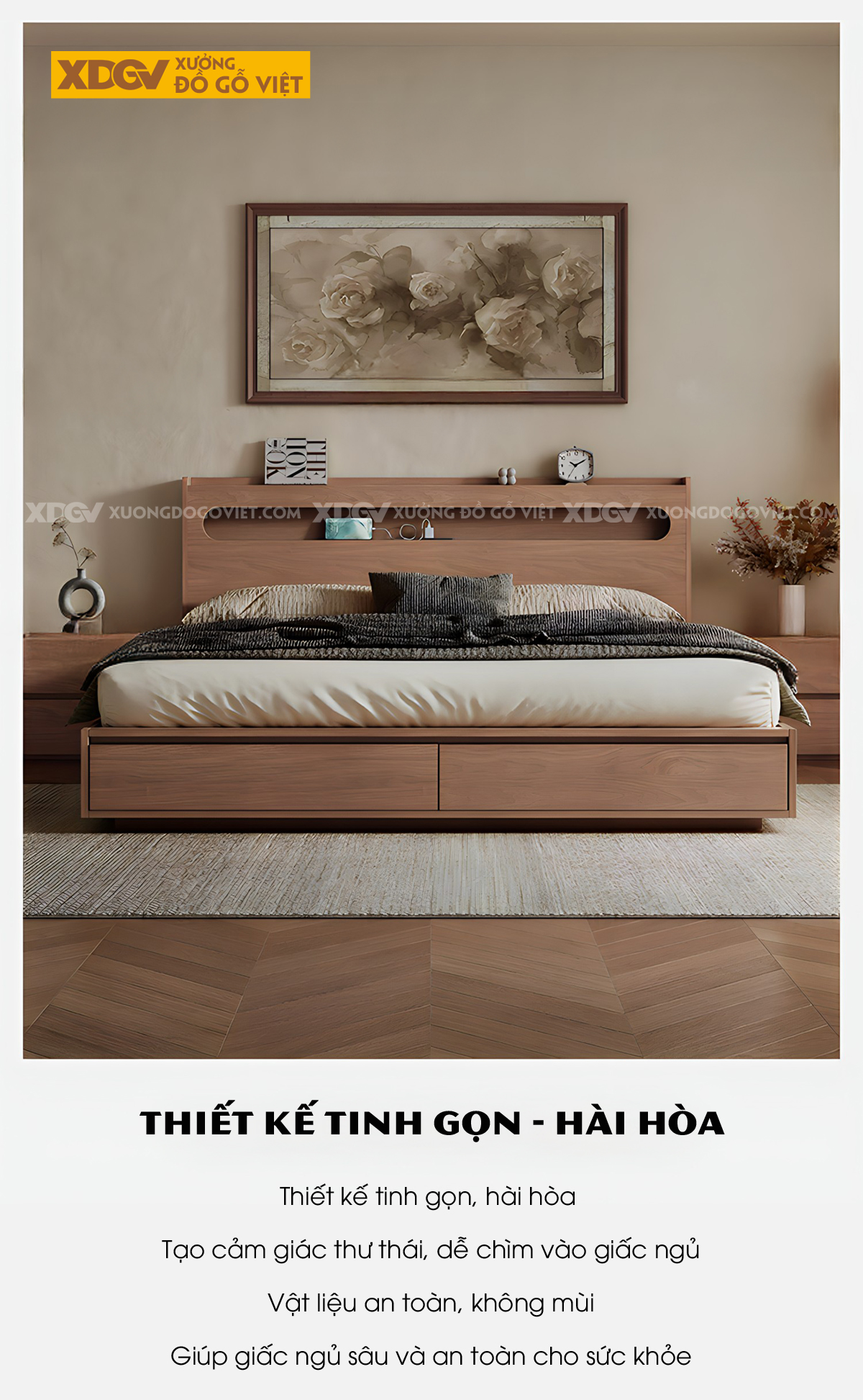 Giường Ngủ Gỗ Veneer Sồi Dạng Hộp Giấu Chân Đuôi 2 Ngăn Kéo