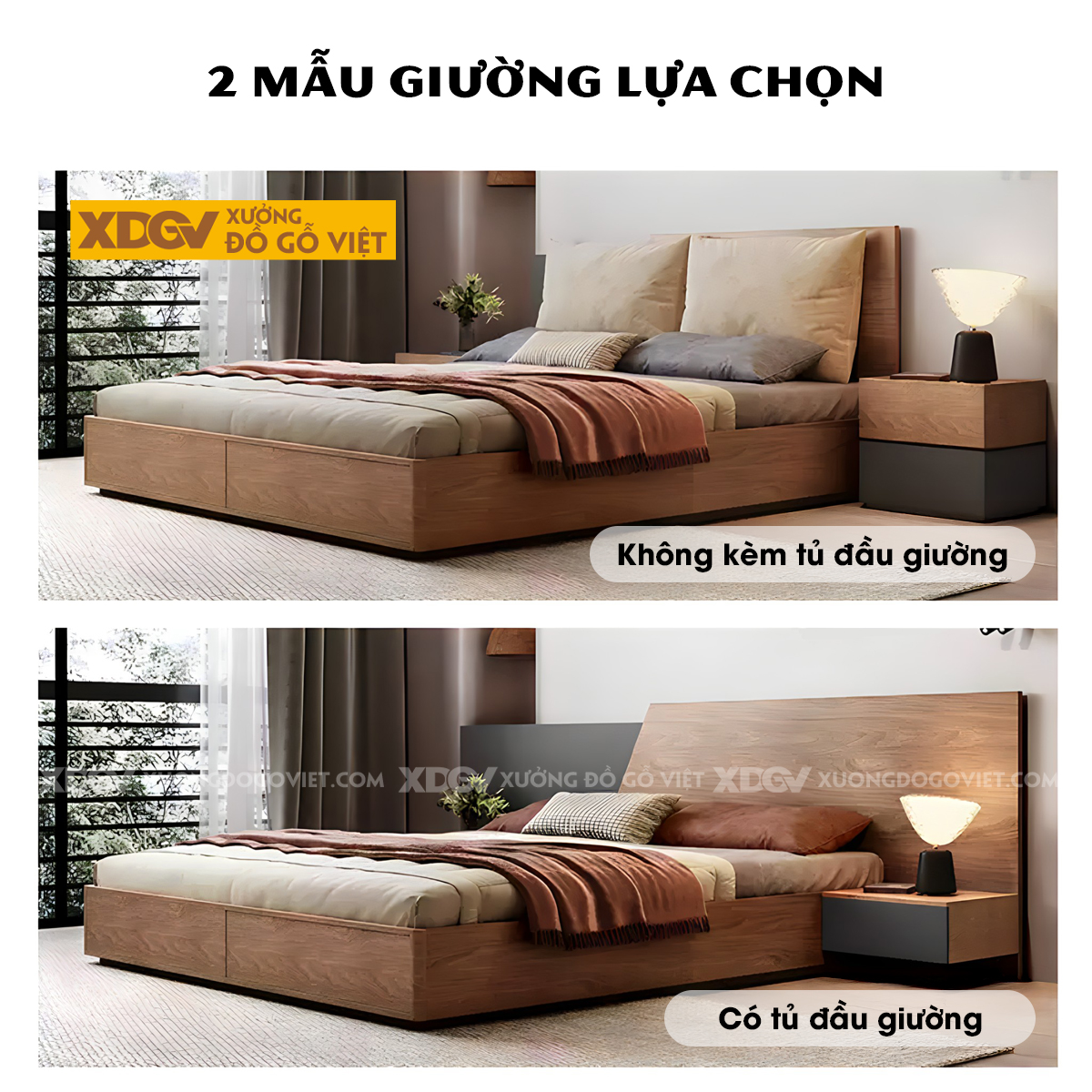 Giường Ngủ Gỗ Veneer Sồi Giấu Chân Kết Hợp Tủ Đầu Giường