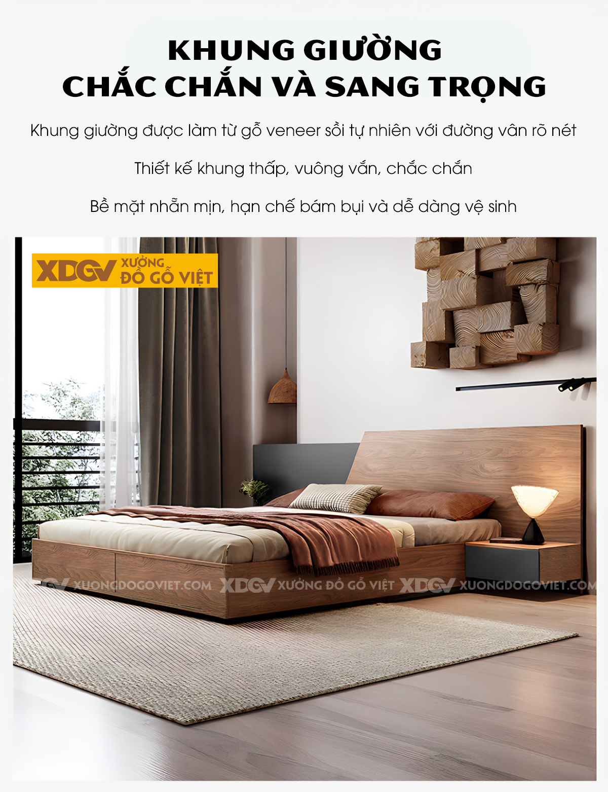 Giường Ngủ Gỗ Veneer Sồi Giấu Chân Kết Hợp Tủ Đầu Giường