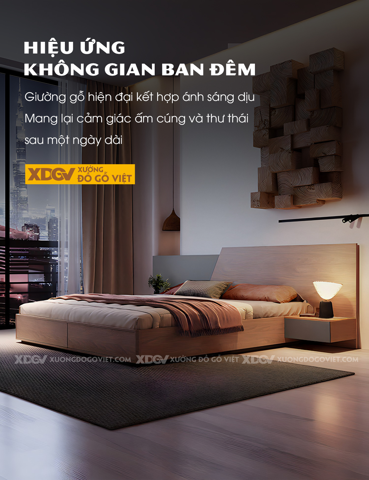 Giường Ngủ Gỗ Veneer Sồi Giấu Chân Kết Hợp Tủ Đầu Giường