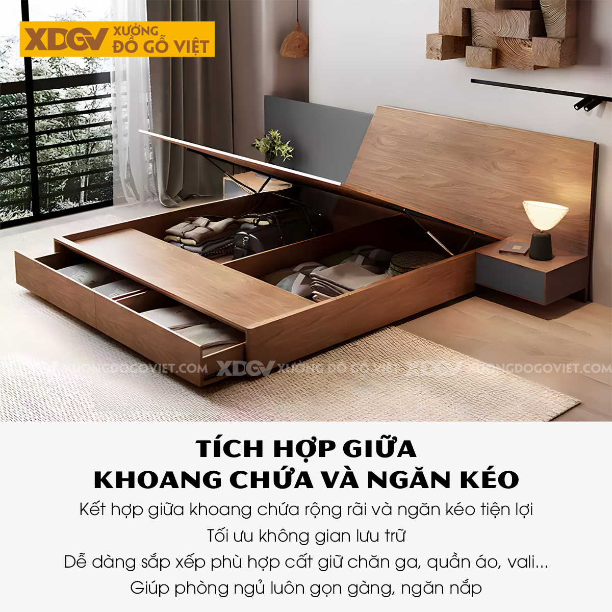 Giường Ngủ Gỗ Veneer Sồi Giấu Chân Kết Hợp Tủ Đầu Giường